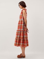 Monsoon Orange Cecily Check Print Tiered Midi Dress - Image 1 of 4