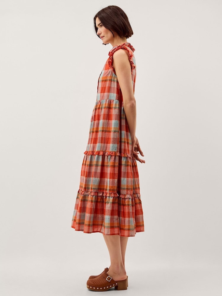 Monsoon Orange Cecily Check Print Tiered Midi Dress - Image 1 of 4