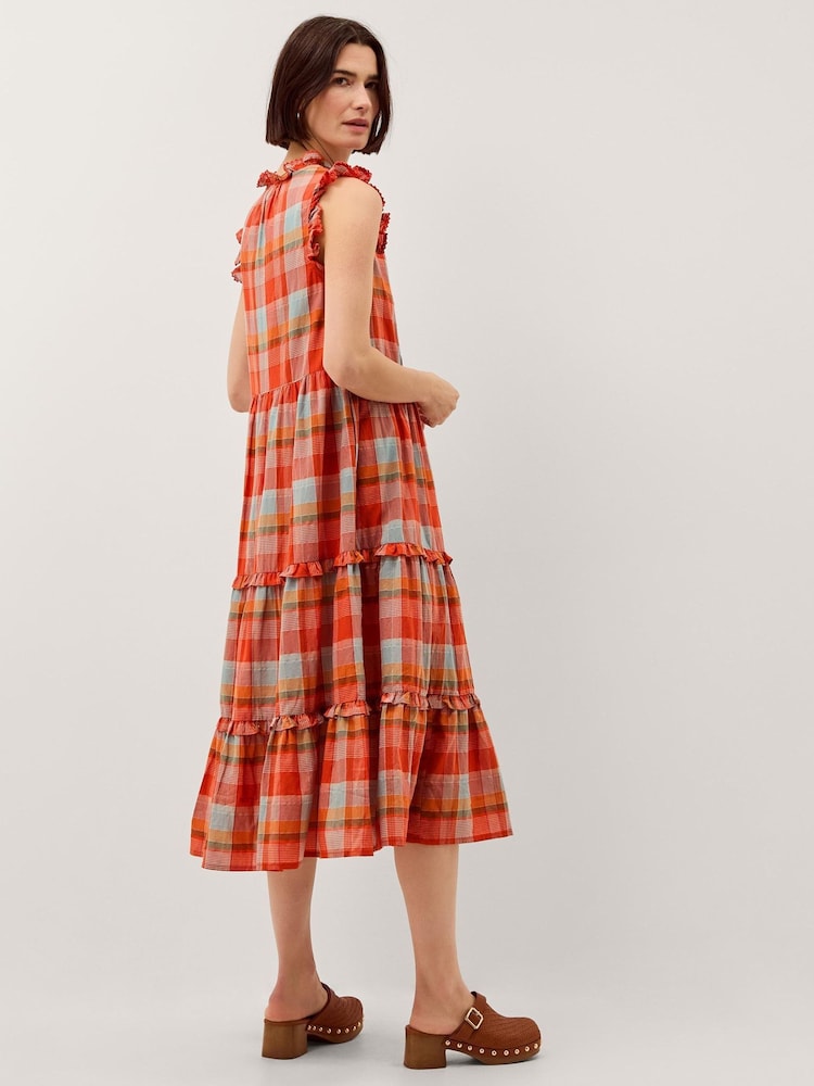 Monsoon Orange Cecily Check Print Tiered Midi Dress - Image 4 of 4
