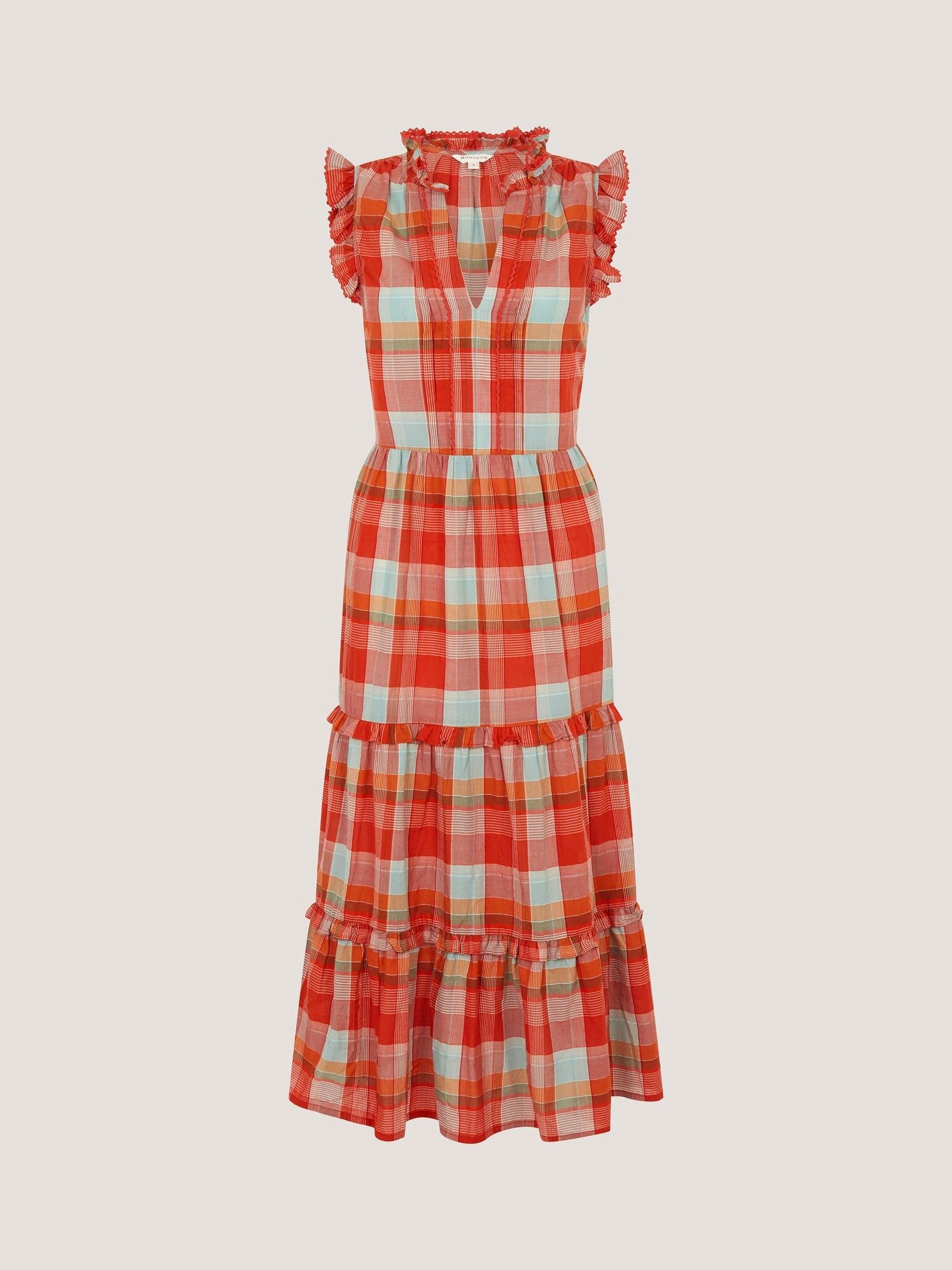 Buy Monsoon Orange Cecily V-Neck Check Print Tiered Sleeveless