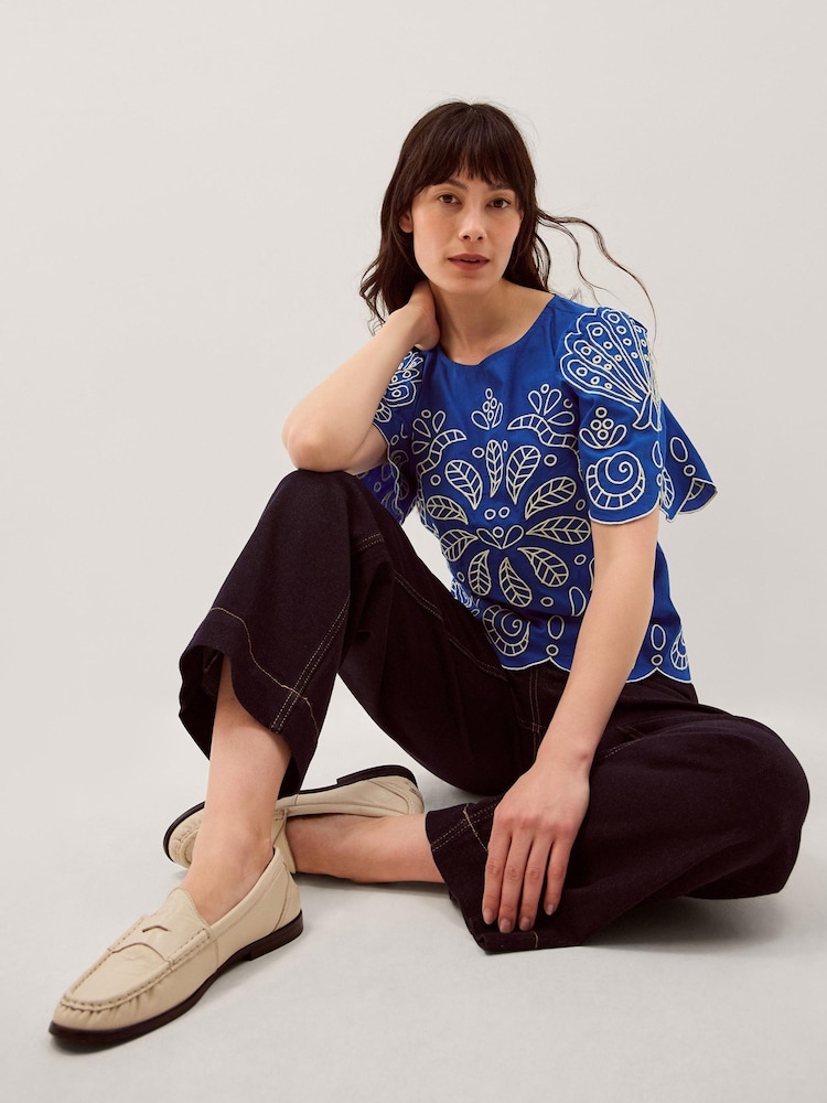 Monsoon Blue Keira Short Sleeve Embroidered Top - Image 1 of 5