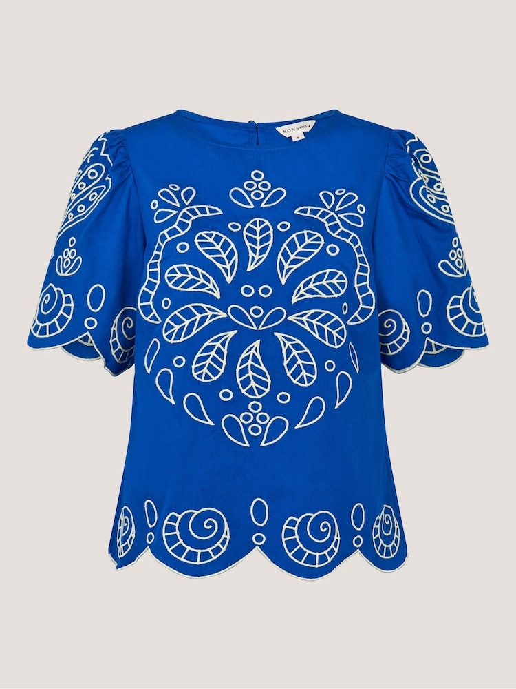 Monsoon Blue Keira Short Sleeve Embroidered Top - Image 5 of 5