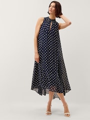 Monsoon Blue Yaz Sleeveless Polka Dot Midi Dress - Image 1 of 4