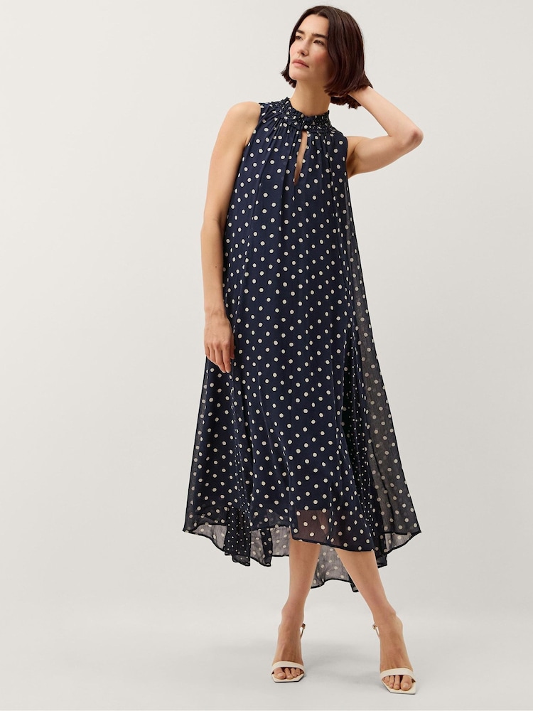 Monsoon Blue Yaz Sleeveless Polka Dot Midi Dress - Image 1 of 4