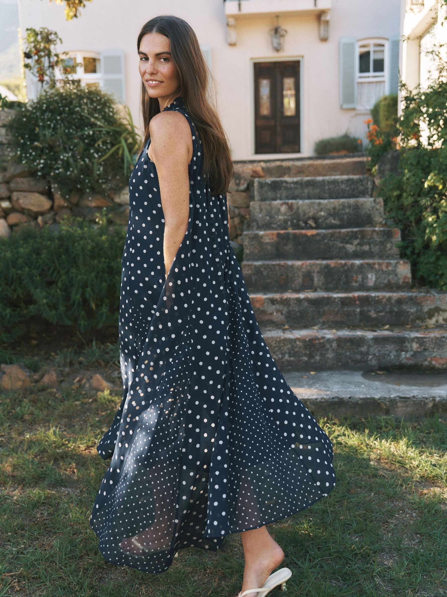 Buy Monsoon Navy Yaz High Neck Sleeveless Polka Dot Midi Dress