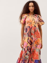 Monsoon Orange Carmen Floral Tiered Midi Dress - Image 1 of 5