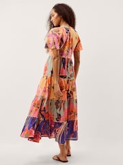 Monsoon Orange Carmen Floral Tiered Midi Dress - Image 4 of 5