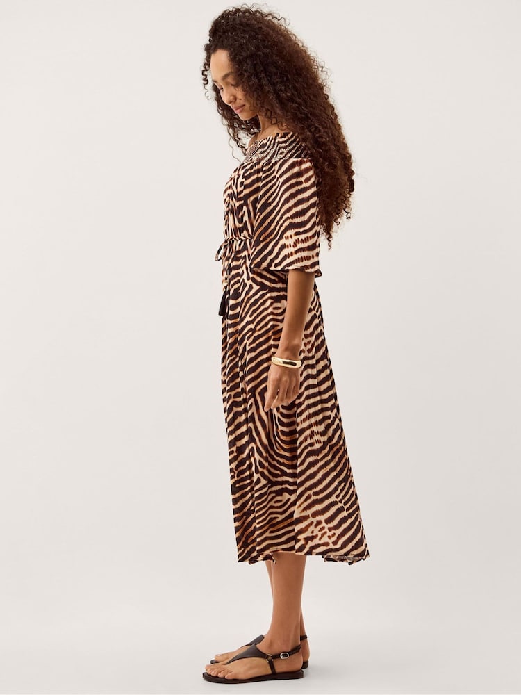 Monsoon Brown Annie Bardot Animal Print Midi Dress - Image 1 of 5 Monsoon Brown Annie Bardot Animal Print Midi Dress - Image 1 of 5