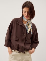 Monsoon Brown Marie Funnel Neck Linen Blend Jacket - Image 1 of 5