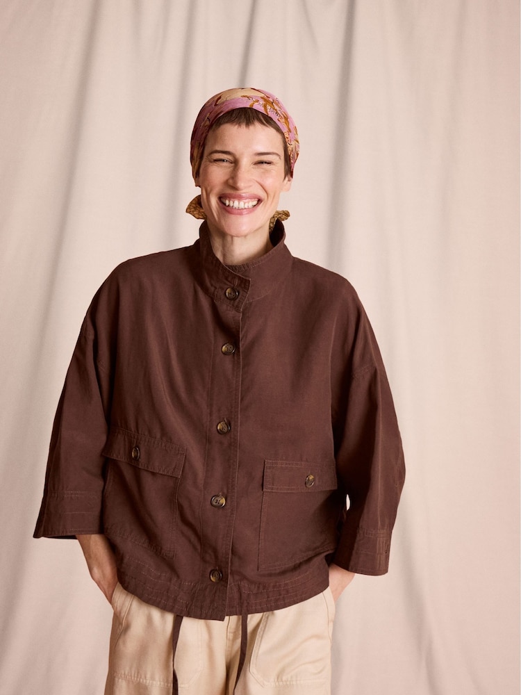 Monsoon Brown Marie Funnel Neck Linen Blend Jacket - Image 1 of 5 Monsoon Brown Marie Funnel Neck Linen Blend Jacket - Image 1 of 5