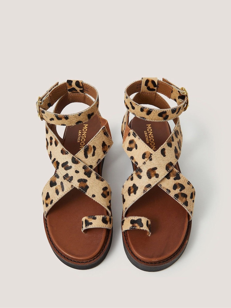 Monsoon Brown Ivy Leopard Print Crossover Leather Sandals - Image 1 of 3