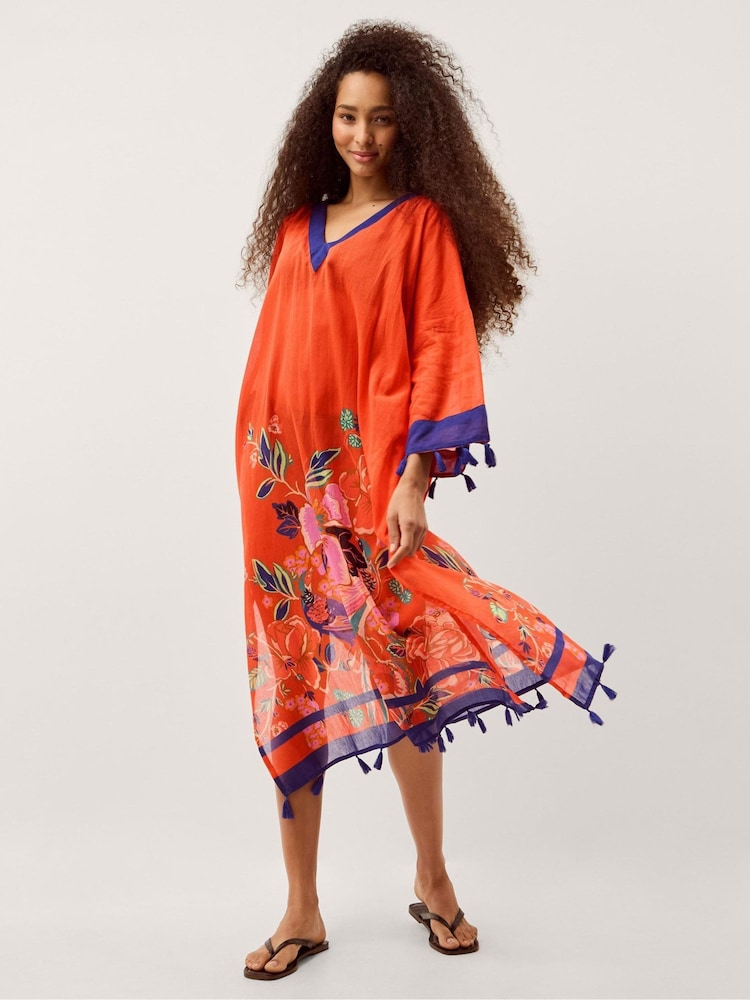 Monsoon Orange Carmen Floral Print Midi Kaftan - Image 1 of 6