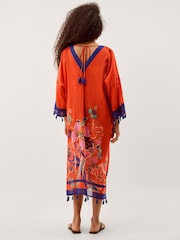 Monsoon Orange Carmen Floral Print Midi Kaftan - Image 3 of 6