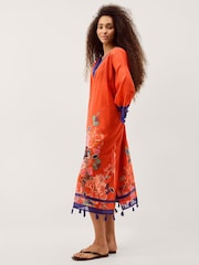 Monsoon Orange Carmen Floral Print Midi Kaftan - Image 4 of 6