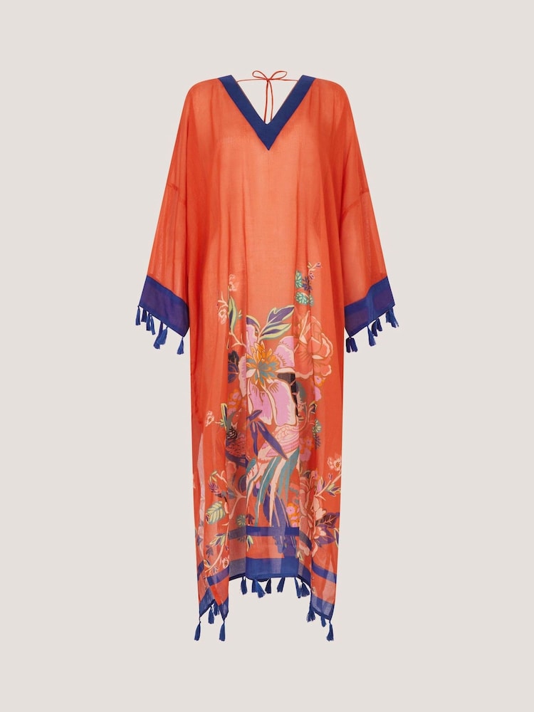 Monsoon Orange Carmen Floral Print Midi Kaftan - Image 6 of 6