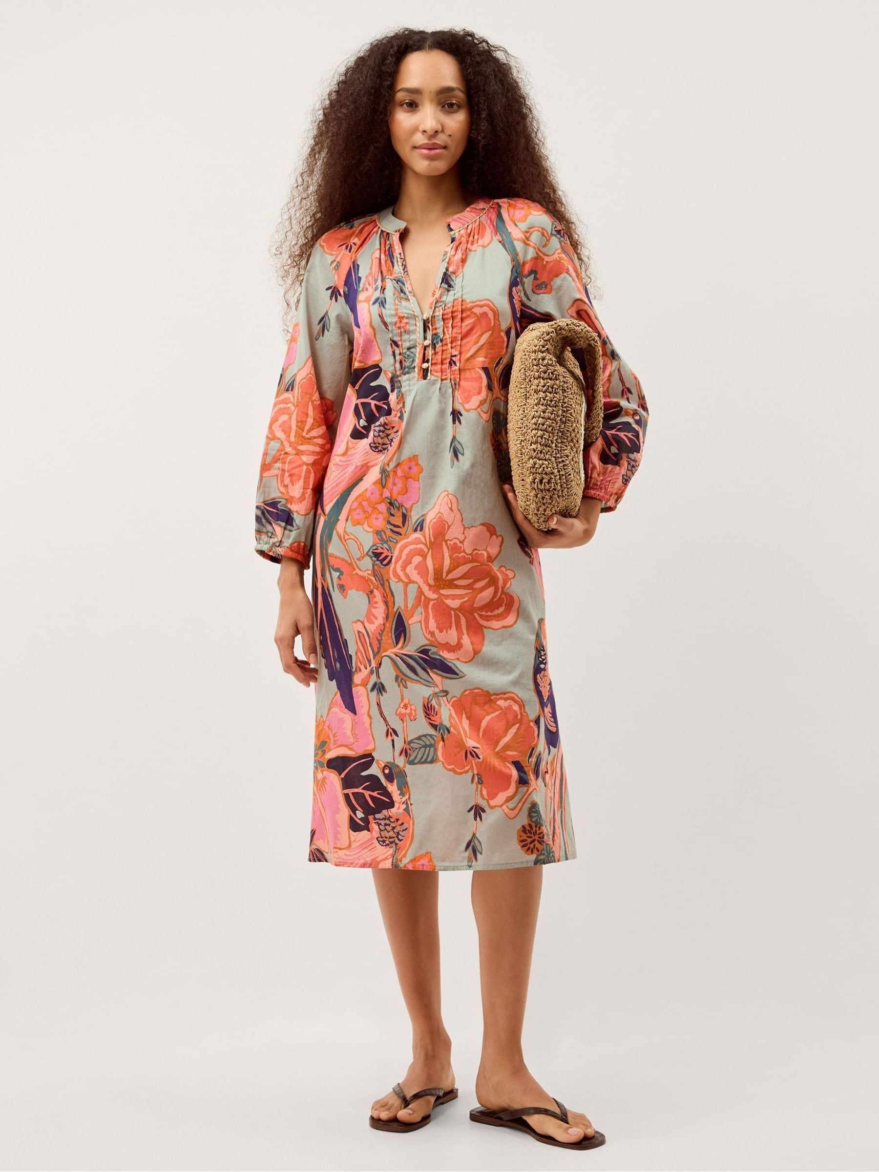 Buy Monsoon Green Carmen V-Neck Floral Long Sleeve Midi Tunic