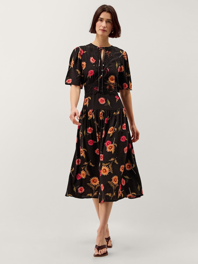 Monsoon Black Fallon Floral Print Lace Midi Dress - Image 1 of 5 Monsoon Black Fallon Floral Print Lace Midi Dress - Image 1 of 5