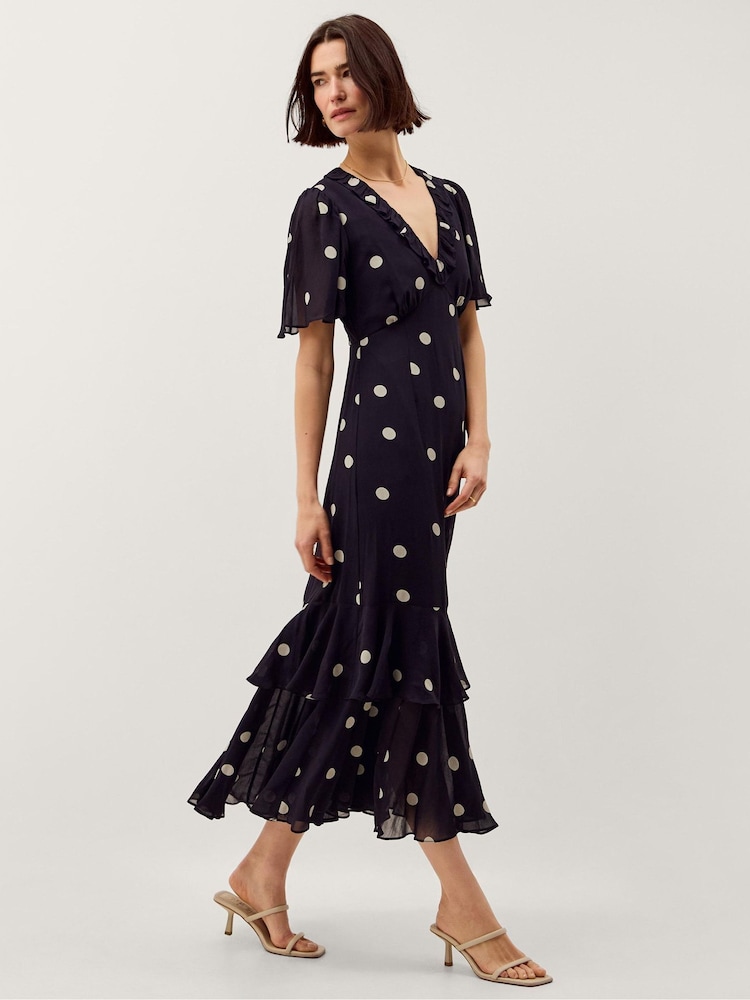 Monsoon Blue Rowena Polka Dot Ruffle Midi Dress - Image 1 of 5