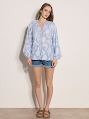 Apricot Blue Embroidered Floral Stripe Blouse - Image 2 of 4