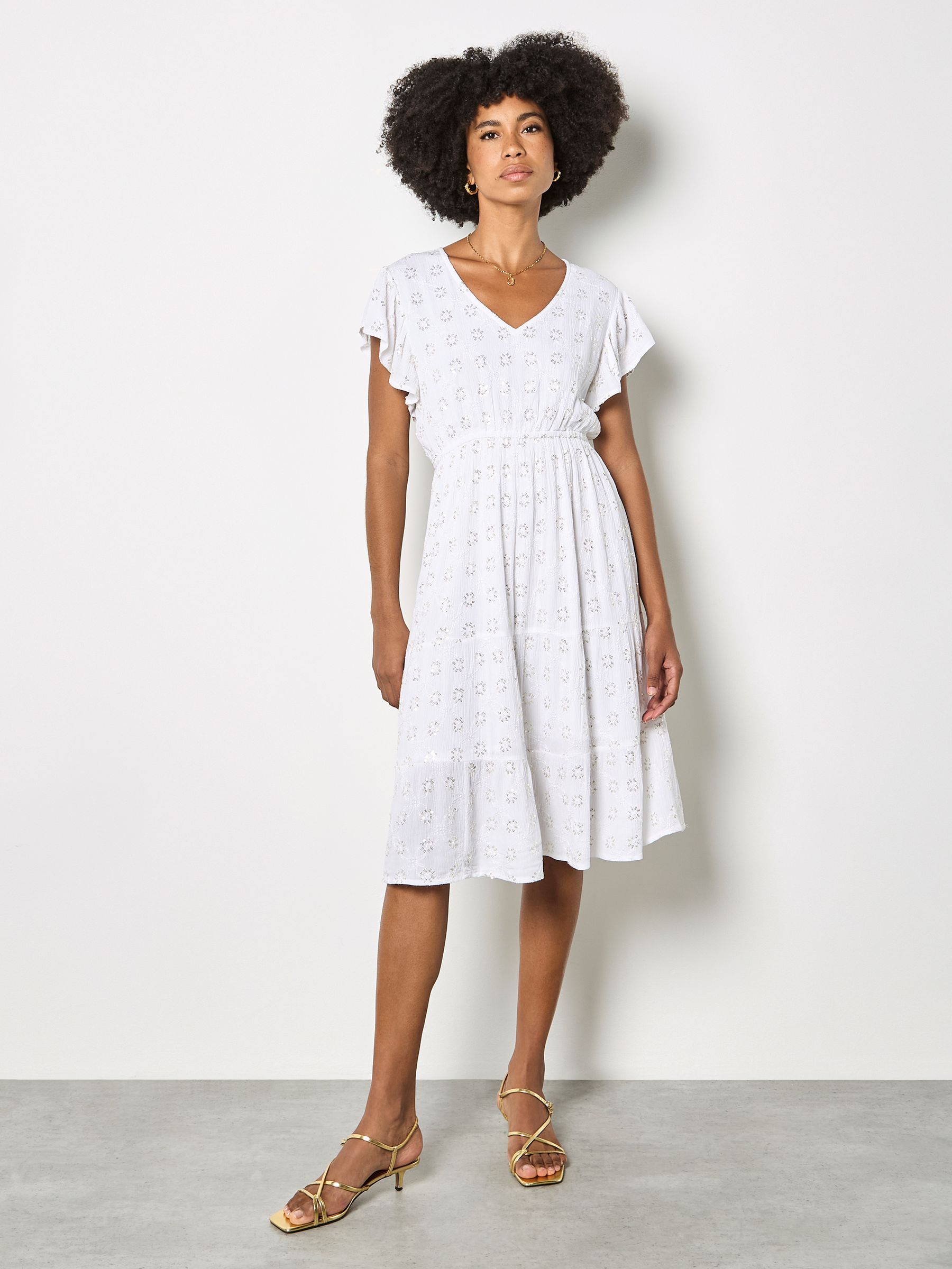 Buy Apricot White Sequin Floral Embroidered Mini Dress from the