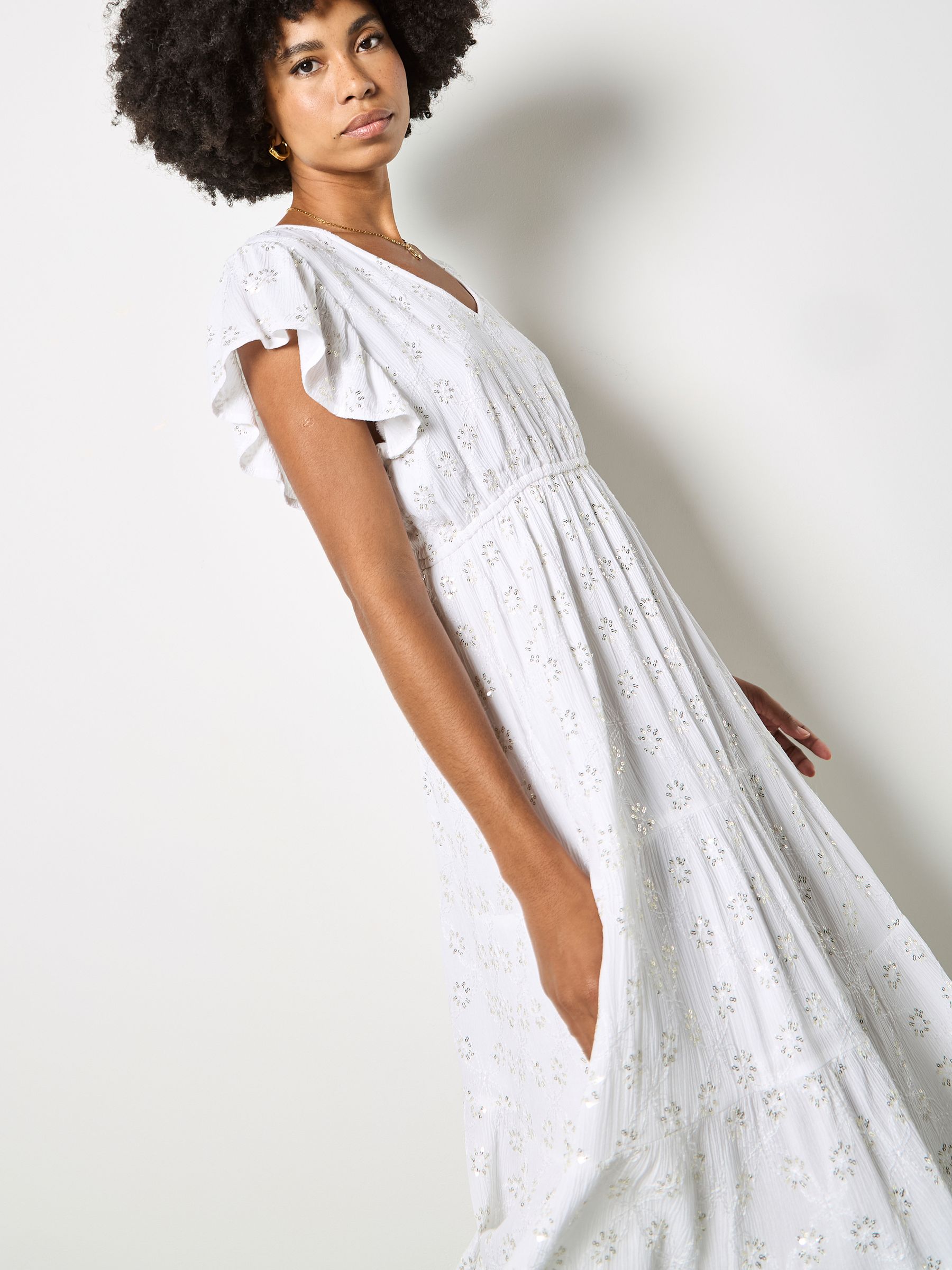 Buy Apricot White Sequin Floral Embroidered Mini Dress from the