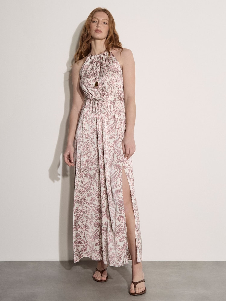 Apricot Pink Paisley Print Satin Maxi Dress - Image 1 of 4