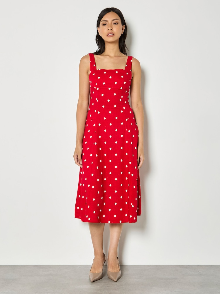 Apricot Red Polka Dot Woven Midi Dress - Image 1 of 4 Apricot Red Polka Dot Woven Midi Dress - Image 1 of 4