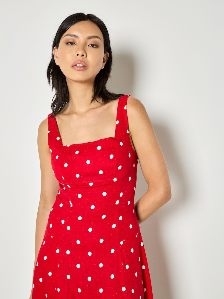 Apricot Red Polka Dot Woven Midi Dress - Image 2 of 4 Apricot Red Polka Dot Woven Midi Dress - Image 2 of 4