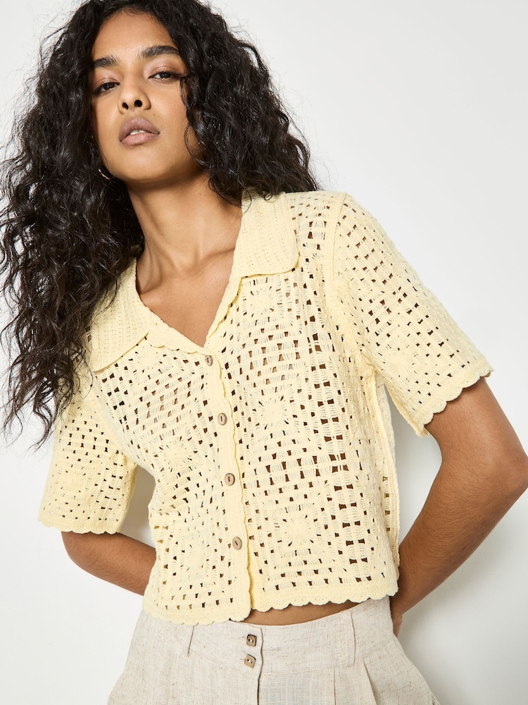 Apricot Yellow Floral Cotton Crochet Cardigan - Image 1 of 5
