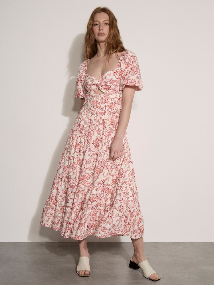 Apricot Pink Floral Print Cotton Broderie Maxi Dress - Image 1 of 4