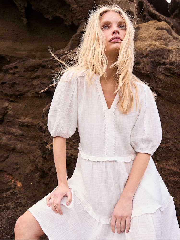 Ro&Zo Ivory White Cheesecloth Frill-Detail Mini Dress - Image 1 of 6
