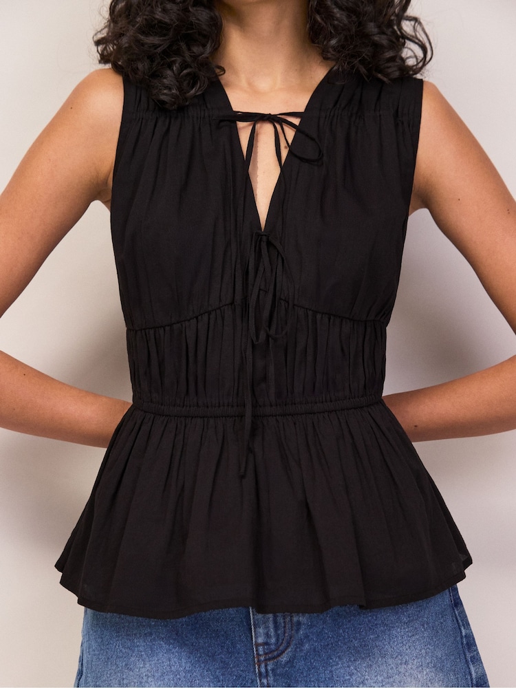 Ro&Zo Black Black Cotton Voile Tie Front Top - Image 2 of 6