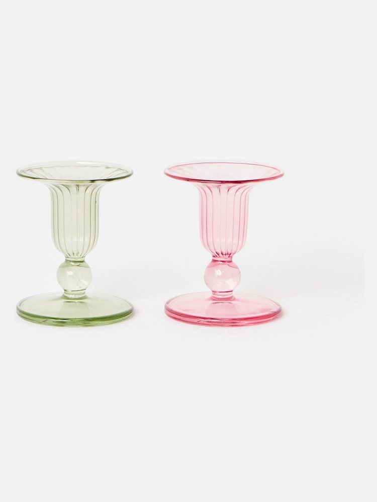 Oliver Bonas Set of 2 Pink Lucia Glass Candlestick Holders - Image 2 of 6
