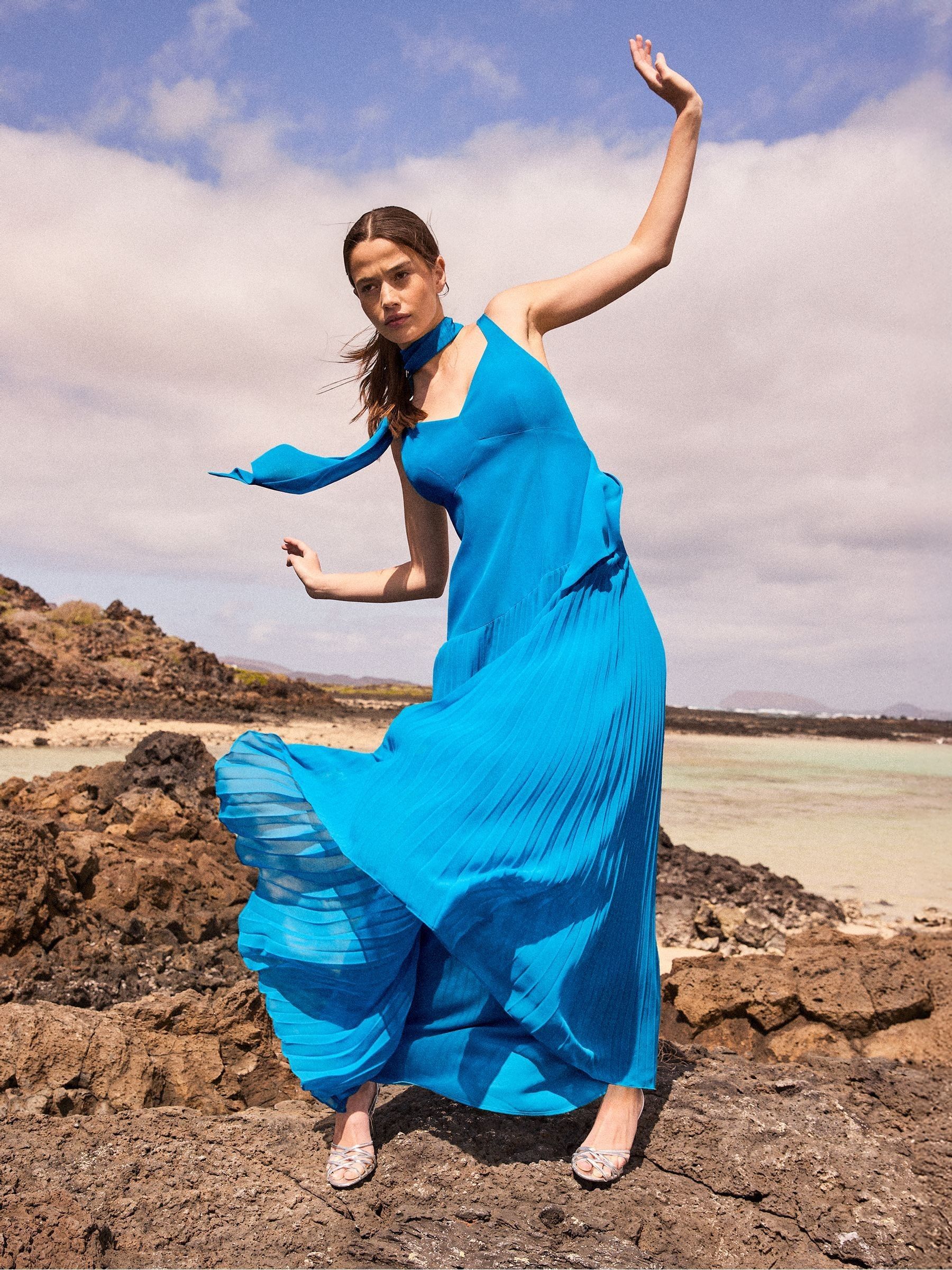 Buy Ro&Zo Teal Blue Vivian Pleated Skirt Drop Waist Dress from