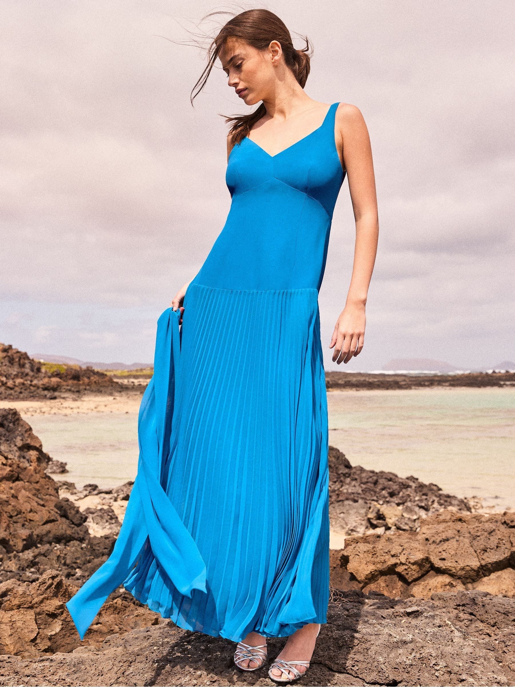 Buy Ro&Zo Teal Blue Vivian Pleated Skirt Drop Waist Dress from