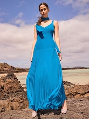 Ro&Zo Teal Blue Vivian Pleated Skirt Drop Waist Dress - Image 3 of 5