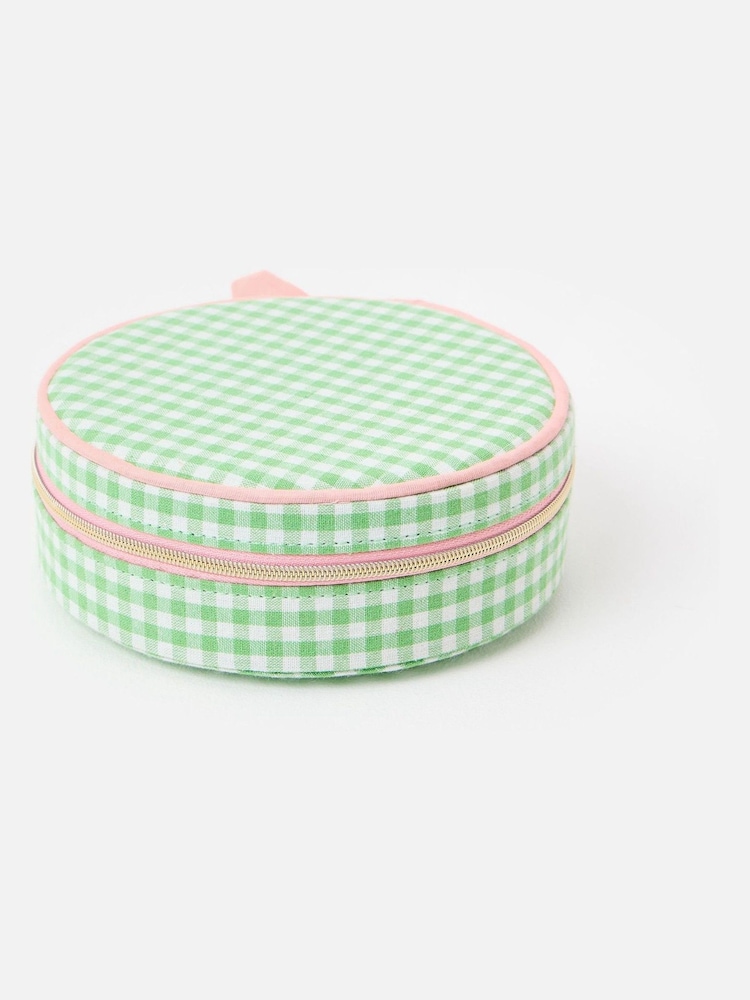 Oliver Bonas Green Gingham Round Jewellery Box - Image 1 of 6
