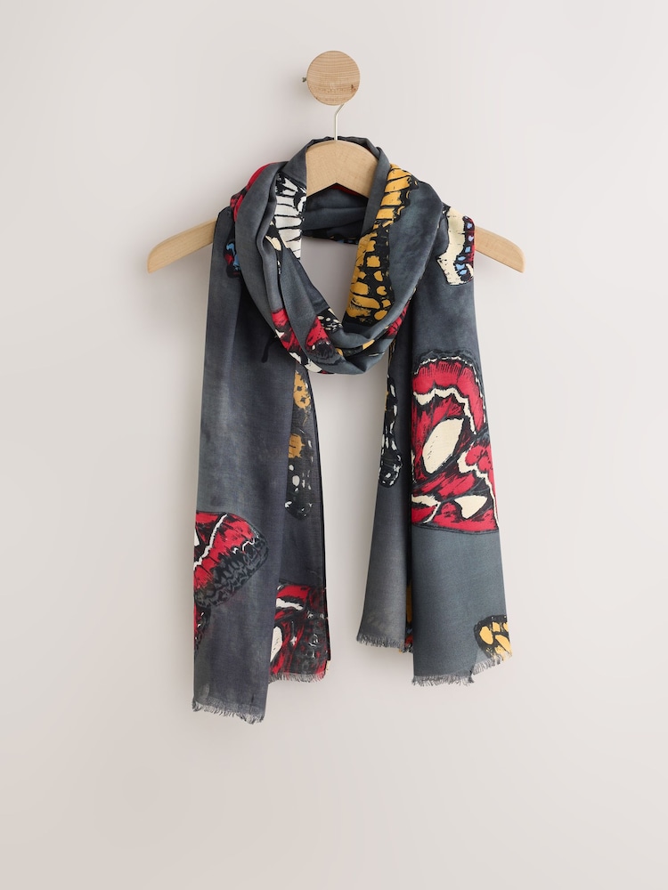 Dark Grey Butterfly Print Lightweight Scarf - Image 1 of 3 Dark Grey Butterfly Print Lightweight Scarf - Image 1 of 3