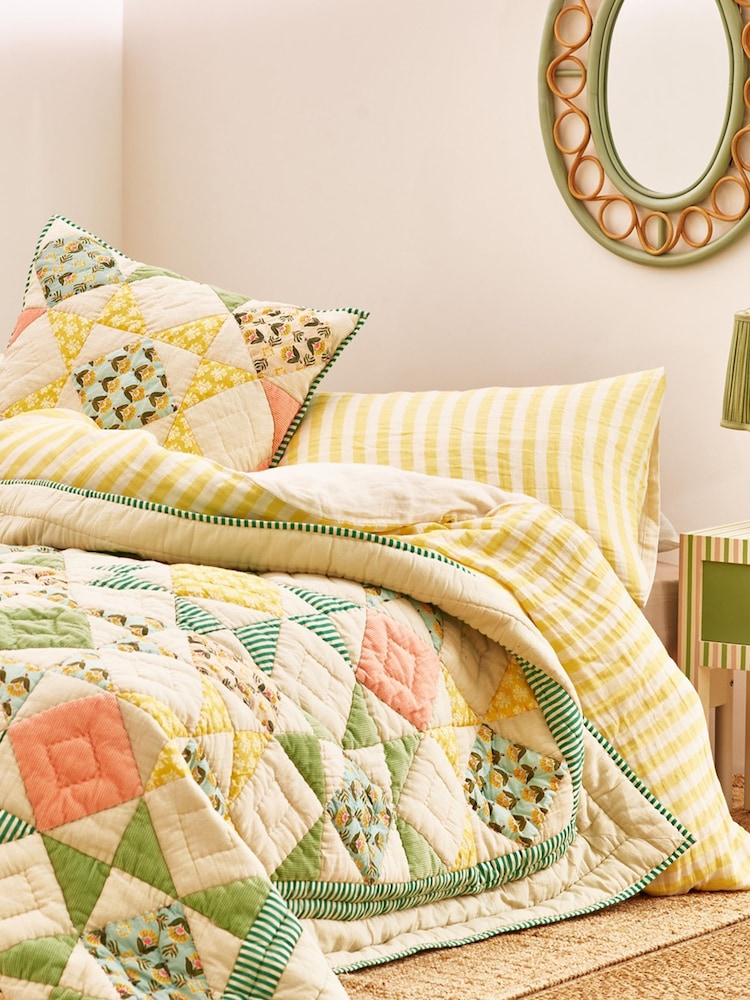 Oliver Bonas Green Cream Patchwork Diamond Pastel Multicolour Velvet Quilt - Image 1 of 6