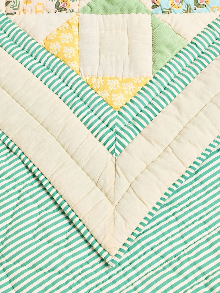 Oliver Bonas Green Cream Patchwork Diamond Pastel Multicolour Velvet Quilt - Image 6 of 6