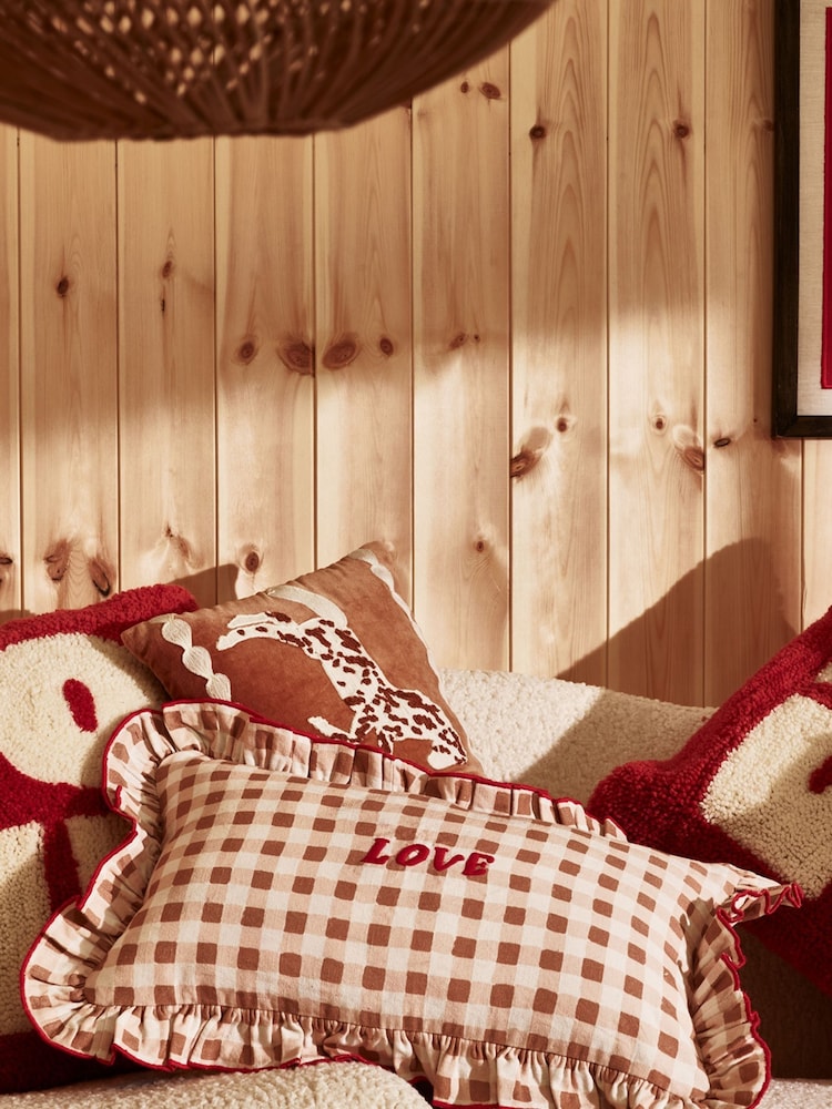 Oliver Bonas Brown Red Frill Love Gingham Cushion Cover - Image 1 of 6