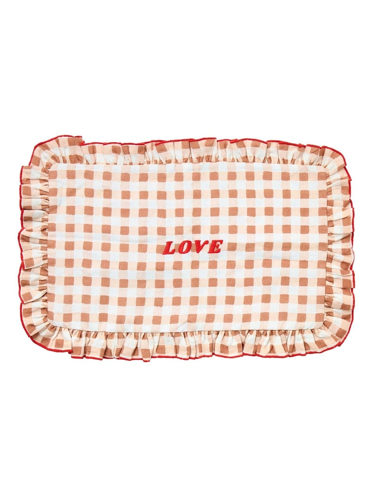 Oliver Bonas Brown Red Frill Love Gingham Cushion Cover - Image 6 of 6