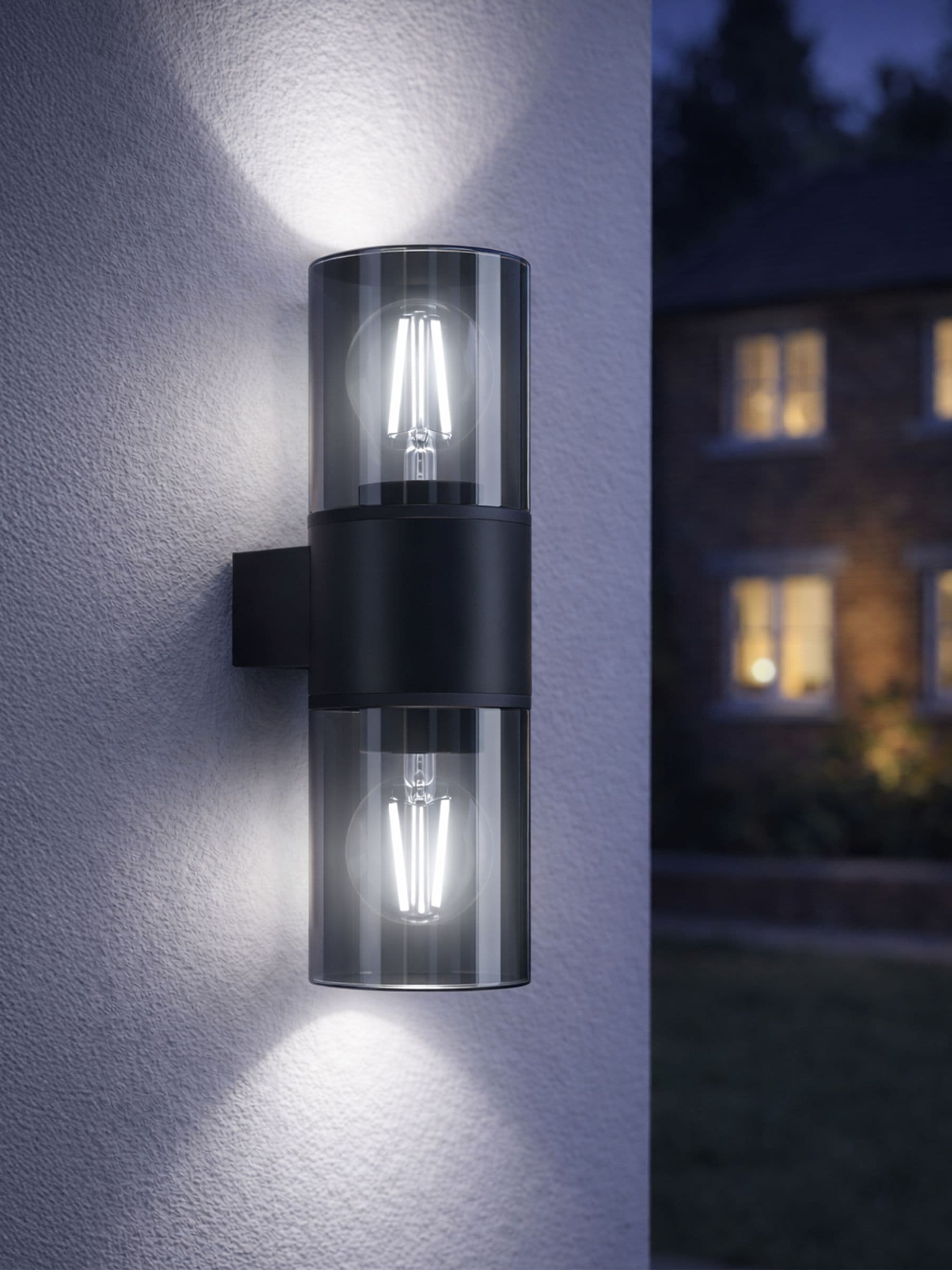 Eglo Outdoor wall Light Cropani, Porch lamp with Smoke Glass Cylinder | uplight and downlight, black plastic and glass, E27 socket, IP54 rating - Image 3