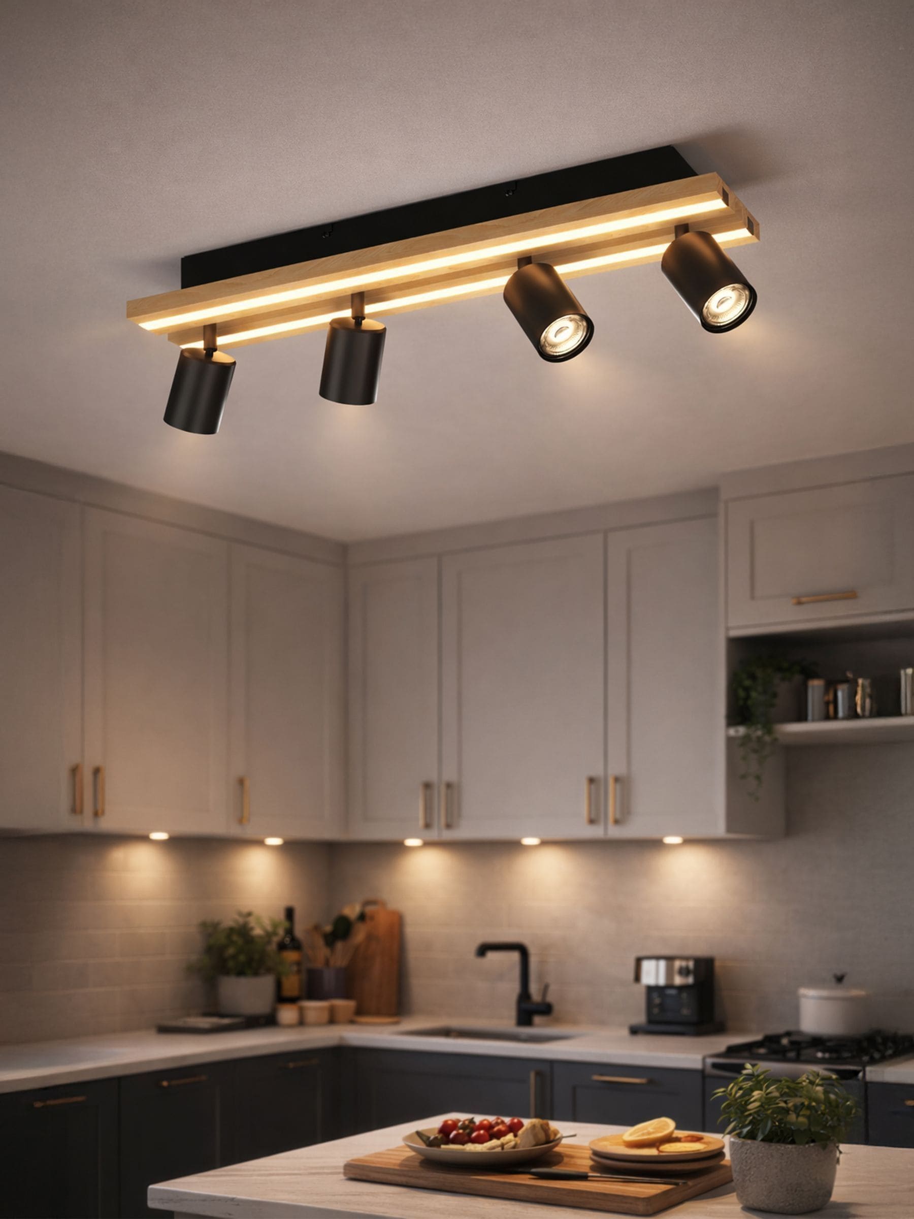 Eglo Unisex Black Brown Gesteira Steel & Wood Led 4-Light Spotlight Ceiling Light