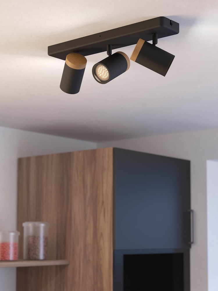 Eglo Black Brown Consuma Steel & Wood 3-Light Bathroom Spotlight - Image 1 of 6