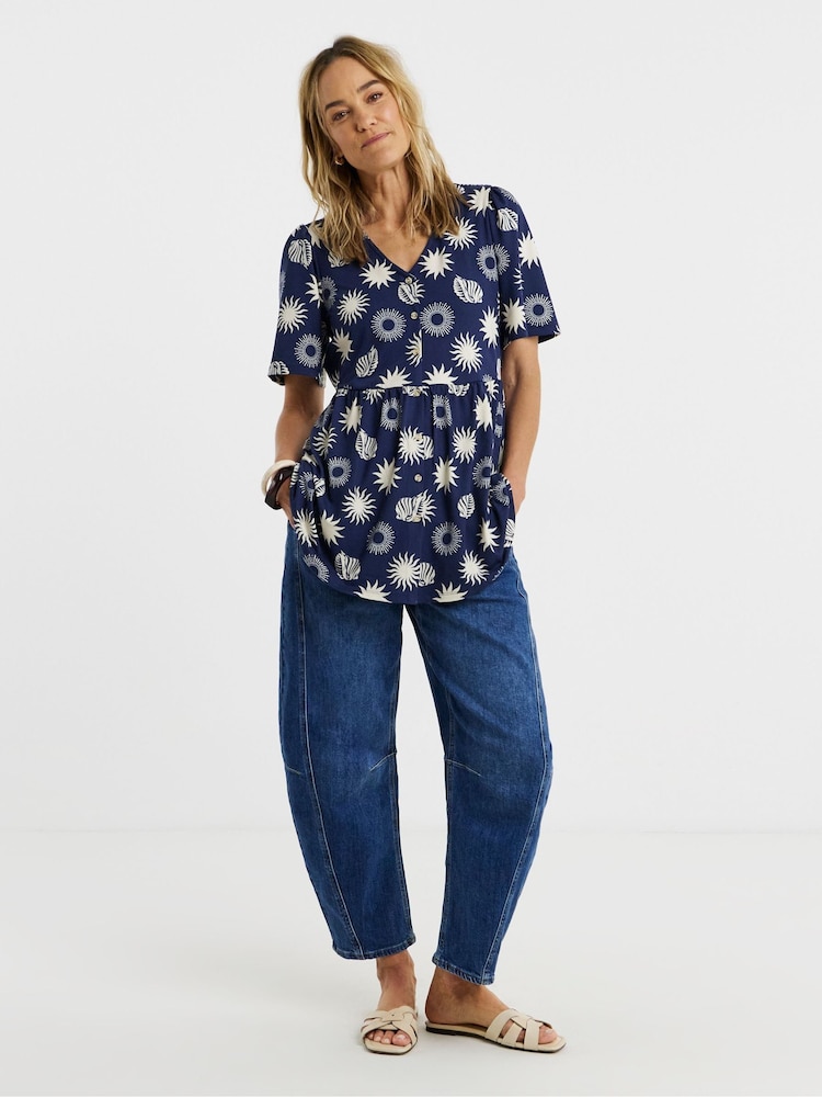 JD Williams Blue V-Neck Button Front Angel Sleeve Longline Top - Image 1 of 4