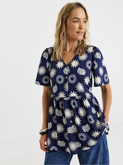 JD Williams Blue V-Neck Button Front Angel Sleeve Longline Top - Image 3 of 4