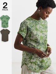 JD Williams Brown Short Sleeve Curved Hem Longline Tops 2 Pack - Image 1 of 4