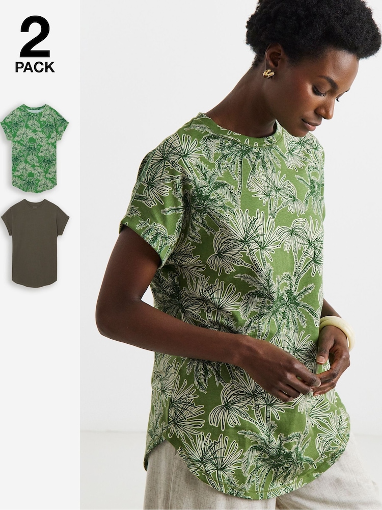 JD Williams Brown Short Sleeve Curved Hem Longline Tops 2 Pack - Image 1 of 4