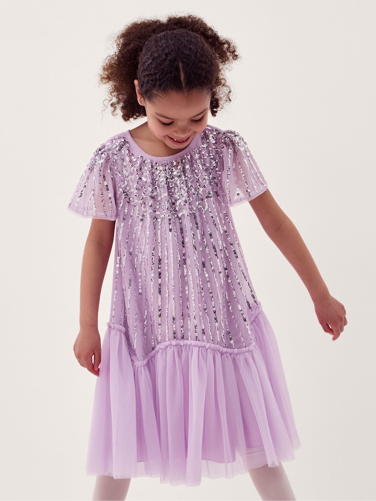 Monsoon Purple Elena Short Sleeve Sequin Party Dress - Image 1 of 4